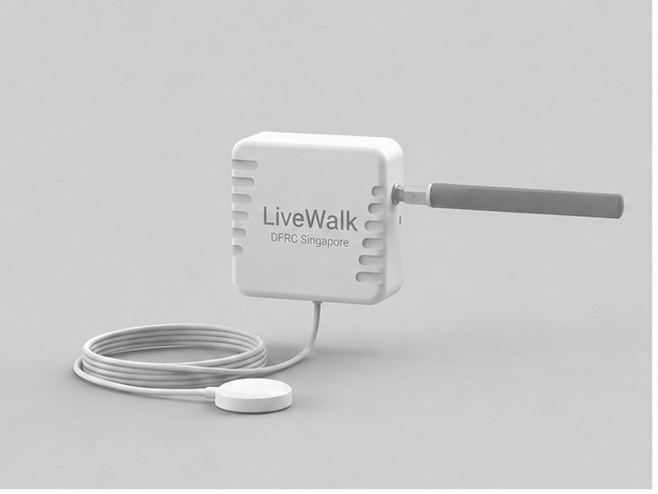 DFRC LiveWalk GPS sensor — white enclosure with external puck GPS antenna on a cable, for vehicle-mounted billboards