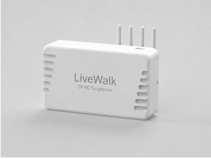 DFRC LiveWalk indoor sensor — rectangular white IoT enclosure with four small antennas, designed for ceilings and walls