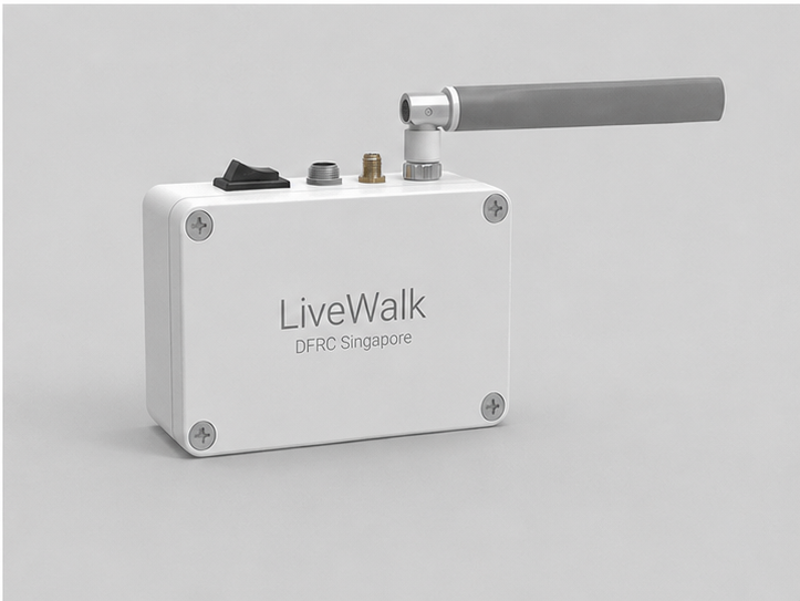 DFRC LiveWalk outdoor sensor — IP-rated white enclosure with built-in modem, designed for Singapore’s climate