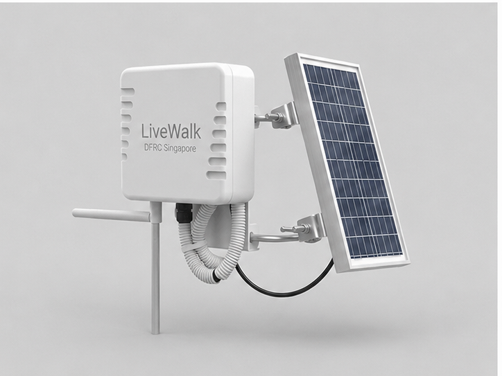DFRC LiveWalk solar-powered sensor variant — outdoor enclosure mounted on a pole with attached solar panel